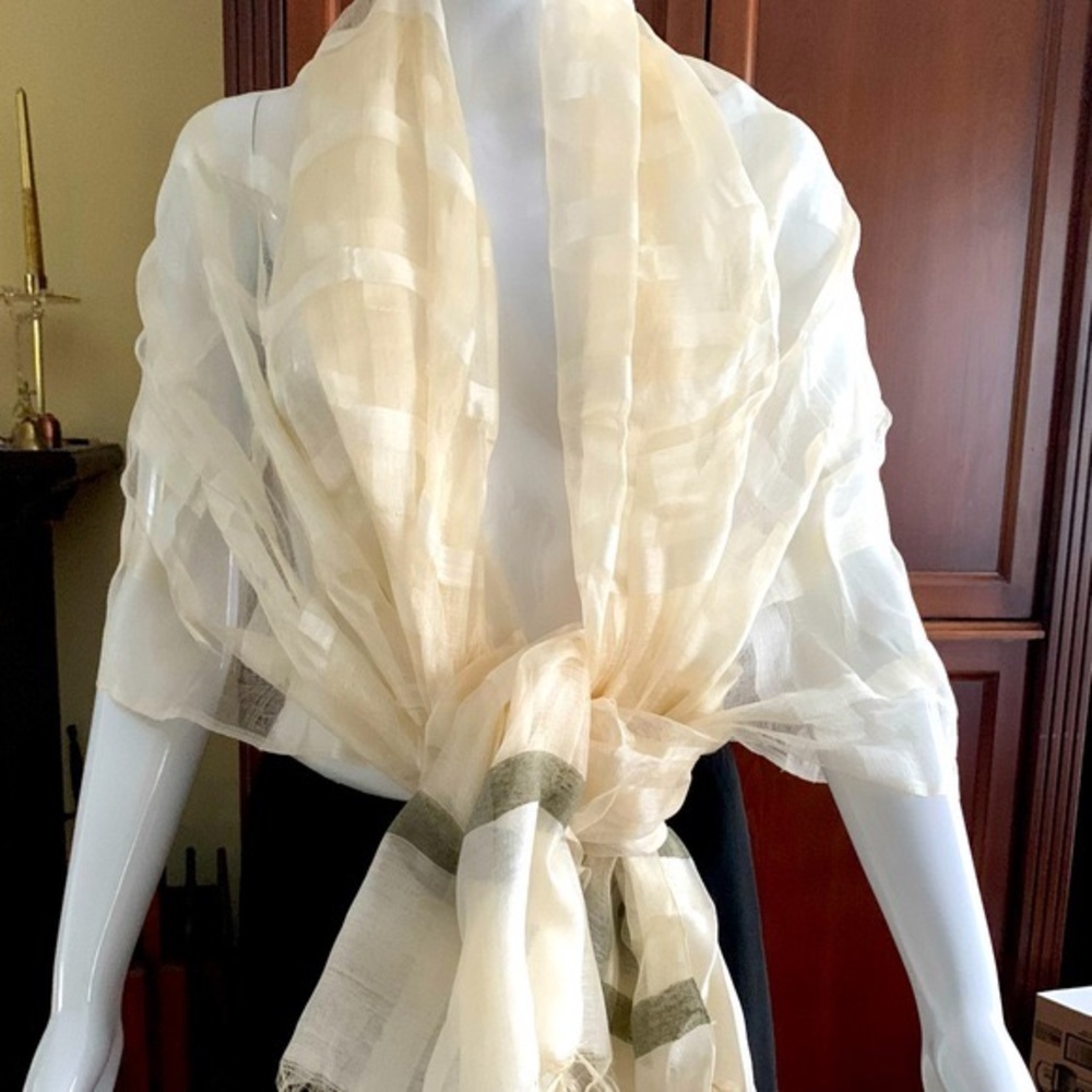 Silk & cotton blend cream color striped wrap extra long shawl - Picture 8 of 15